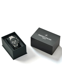 Black Dial Silver Case Men's Chronograph Watch — Steel Bracelet