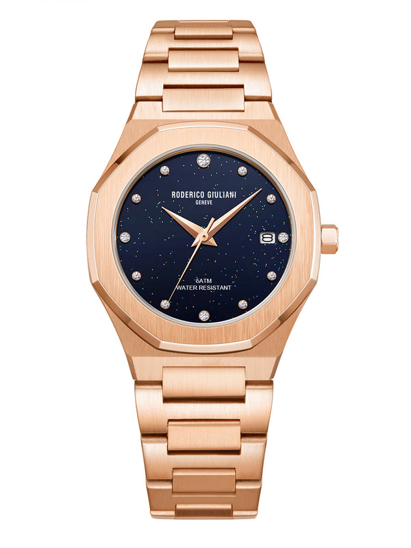 Blue Dial Rose Gold Steel Bracelet Women's Analog Watch
