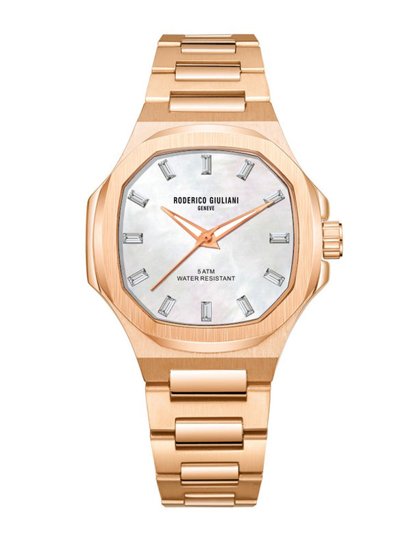 White MOP Dial Rose Gold Steel Bracelet Women's Analog Watch